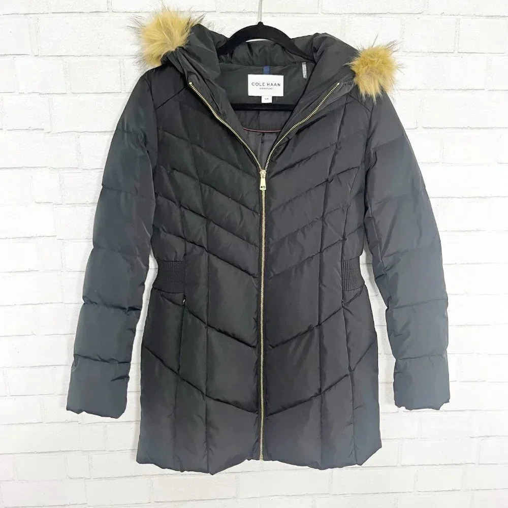 Cole Haan Signature Down & Feather Filled Black Hooded Puffer Jacket Size Small